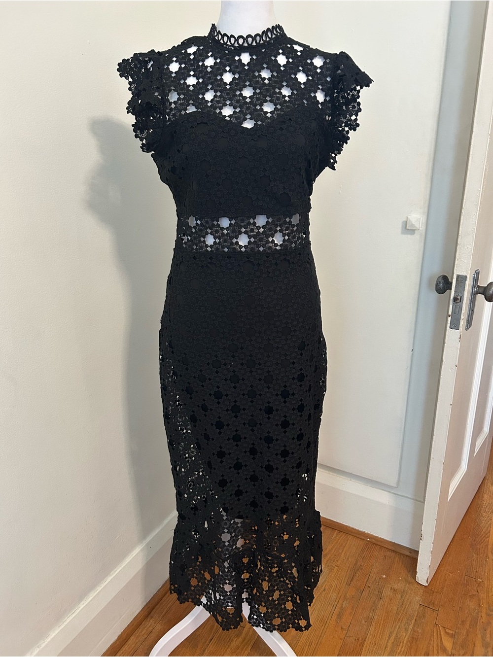 Black Crochet Lace Midi Dress with High Neck
